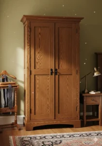 Tall, functional **mission style** armoire providing elegant vertical storage for clothing in a traditional bedroom.