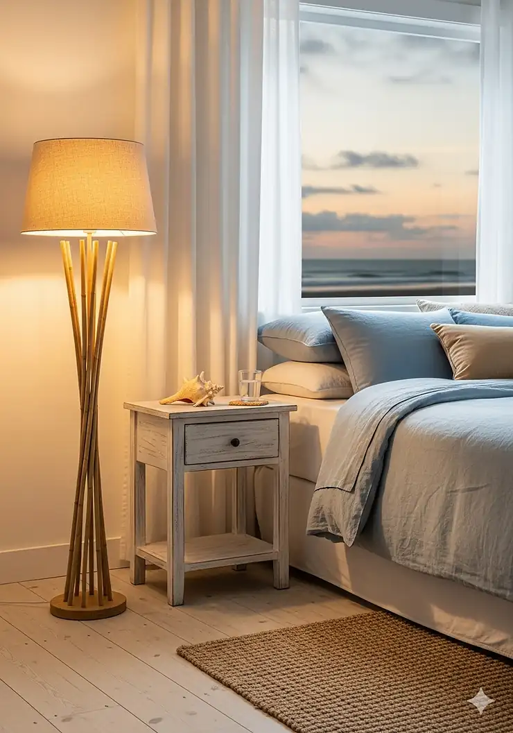 Slender bamboo floor lamp with a linen shade, providing soft ambient lighting next to the beach bedroom furniture.