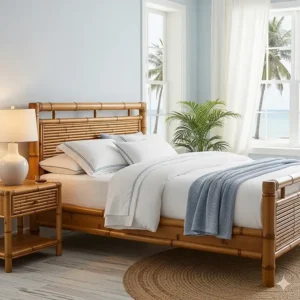 A natural bamboo wood bed frame, a unique and eco-friendly option for a tropical-inspired coastal bedroom furniture style.