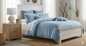 A complete beach bedroom furniture set, featuring a white washed bed frame, light blue linens, and a wicker nightstand, evoking a coastal retreat feel.