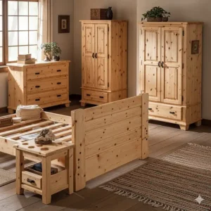 Various pieces of rustic bedroom furniture crafted from high-quality pine wood, known for its durability and light color.