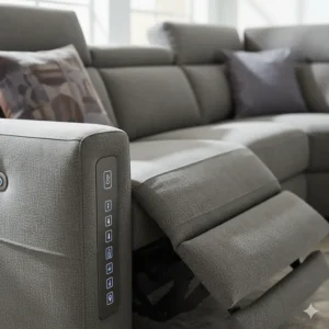 Detail showing the premium upholstery fabric on the cushions of the best modern reclining sectional sofa.