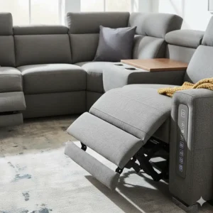 A detail image of the fully extended footrest and chaise lounge of the best reclining sectional sofa, emphasizing comfort.