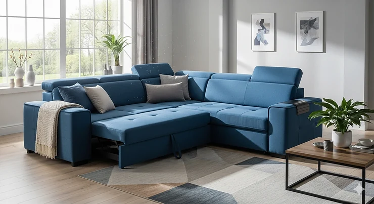 A stunning blue sectional sleeper sofa with a modern design, perfect for a contemporary living room.
