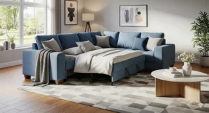Wide shot of the comfortable blue sectional sleeper sofa situated in a bright, inviting living room.