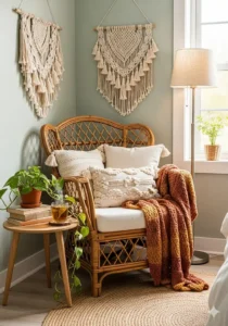 A comfortable bohemian-style rattan armchair placed in the corner of a bedroom, ideal for a reading nook.