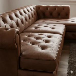 Close-up showing the hand-tufted details on the cushions of a brown leather Chesterfield sectional sofa.