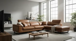 Brown sectional sofa in a modern living room setting with decorative pillows and throw blanket.