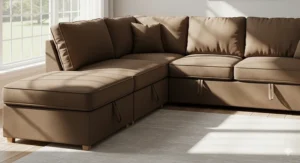 Functional brown sectional sofa with storage integrated under the ottoman and chaise.