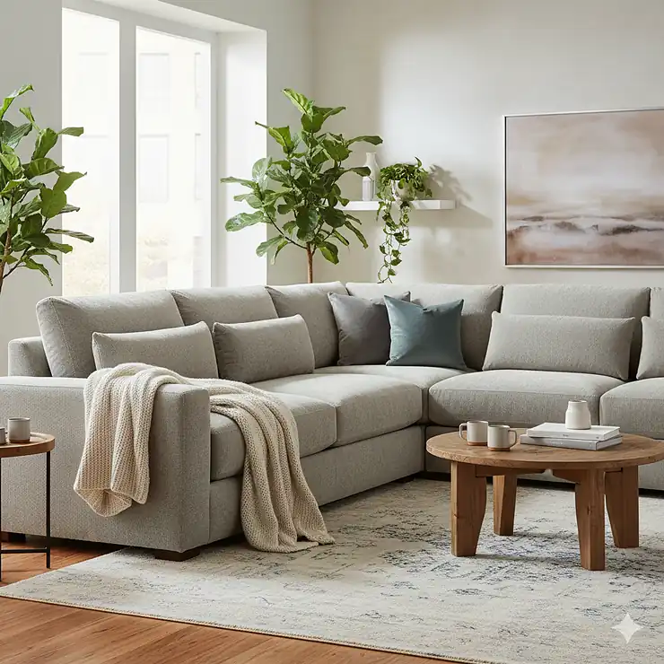 A cozy and luxurious chenille sectional sofa in a light gray color, showcasing its deep seating and textured fabric.