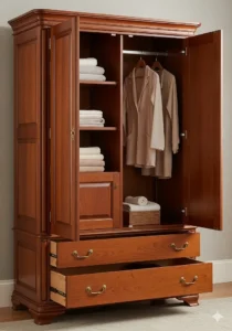 A detailed image of a cherry wood armoire, emphasizing its craftsmanship and storage capacity.