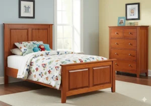A child's bedroom with a durable cherry wood bed and dresser, perfect for a long-lasting furniture set.