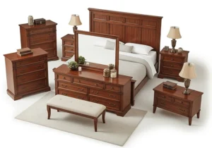 An overhead shot of a full cherry bedroom furniture collection, including all essential pieces arranged harmoniously.