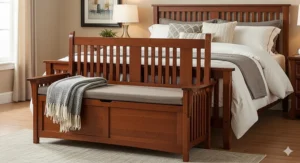 A cherry wood **mission style** storage bench placed at the foot of the bed, offering extra seating and blanket storage.
