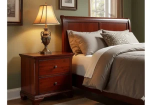 A classic cherry nightstand next to a bed, with a decorative lamp on top, providing a cozy feel to the bedroom space.