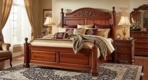A king-sized bed frame made from solid cherry wood, serving as the centerpiece of a luxurious bedroom.
