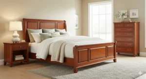 A beautiful bedroom featuring a full cherry wood furniture set, including a bed frame, dresser, and nightstand. The rich, reddish-brown tones of the cherry wood create a warm and inviting atmosphere.