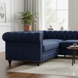 The corner piece of a large chesterfield sectional sofa, demonstrating its modular design.