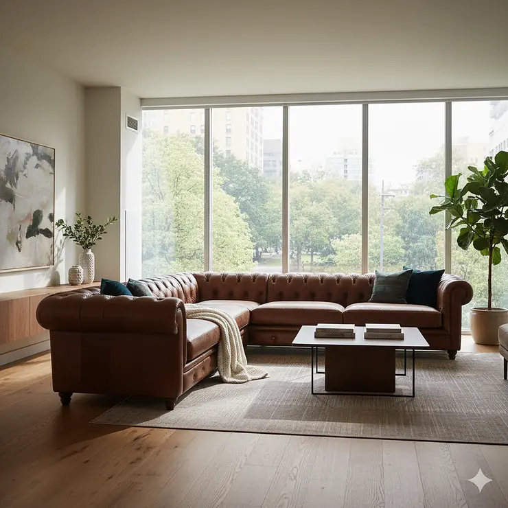 A luxurious leather chesterfield sectional sofa in a modern living room with a large window.