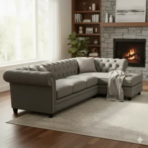 A comfortable gray fabric chesterfield sectional sofa placed in a cozy, sunlit family room.