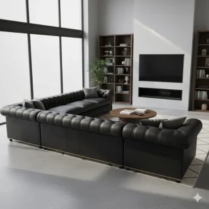 An L-shaped chesterfield sectional sofa providing ample seating in a spacious entertainment area.