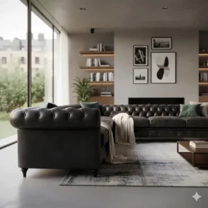 Elegant side profile of the Chesterfield sectional sofa highlighting the classic low back and high rolled arms.