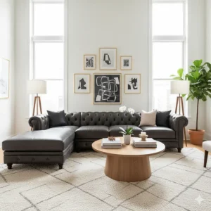 Interior design inspiration showing a chesterfield sectional sofa as the centerpiece of a transitional-style living room.