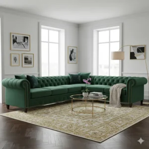 A plush velvet chesterfield sectional sofa in a rich emerald green color, perfect for a chic and stylish space.