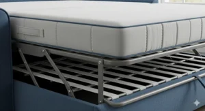 A detailed look at the high-quality mattress and sturdy support system of the blue sleeper sofa mechanism.