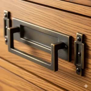 Detailed photo of the distinctive dark or antique brass hardware used on **mission style bedroom furniture**, complementing the wood grain.