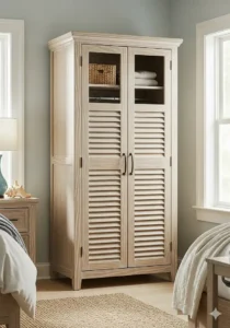 Tall, slatted coastal armoire cabinet in a natural wood finish, offering essential wardrobe space in a beach bedroom.