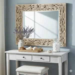 A large decorative mirror with a natural wood frame hanging above a vanity, an essential accessory for coastal bedroom furniture sets.