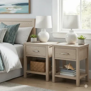 A pair of matching nightstands in a light wood finish, with simple lines that complement a modern coastal bedroom furniture theme.