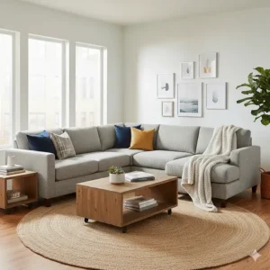 A compact, small L-shaped sectional sofa in a beige fabric, designed specifically to fit comfortably into an apartment or small living area.