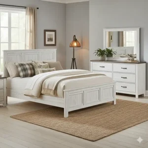 A complete set of matching farmhouse bedroom furniture including a bed, dresser, and mirror.