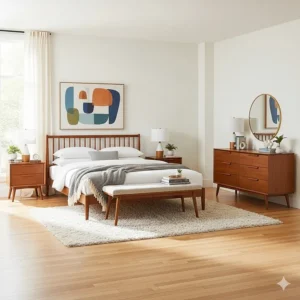 A complete view of a mid-century bedroom furniture set arranged in a bright, modern room.