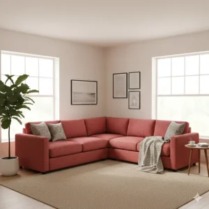 Close-up of a cozy, upholstered red sectional sofa fitting perfectly into the corner of a spacious lounge area.