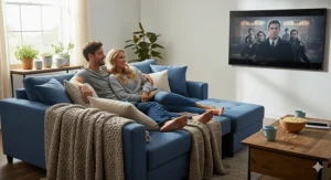 A happy couple relaxing together on the spacious blue sectional sleeper sofa while watching a movie.