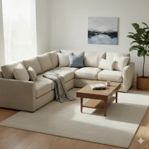 A cozy sectional microfiber sofa in a light beige color, featuring deep seating and large throw pillows, inviting relaxation.