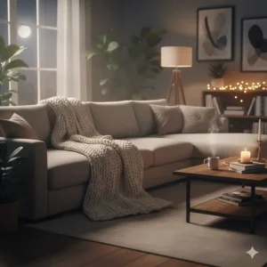 A cozy night scene featuring the comfortable down feather sectional sofa with a soft throw blanket.