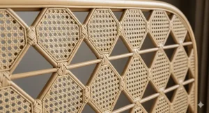 Detailed shot of a curved rattan headboard, highlighting the open cane webbing and artisanal texture.