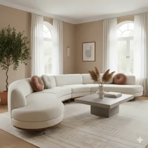 Elegant, curved vintage sectional sofa with bouclé fabric, highlighting the unique shape and classic design elements.