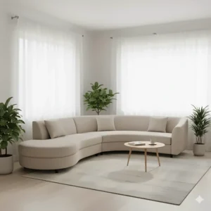 Curved sectional sofa in a bright, small living area, demonstrating how its shape contributes to an open and airy feel.