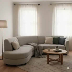 A cozy, light gray curved sectional sofa positioned smartly in a compact living room, demonstrating efficient small space design.
