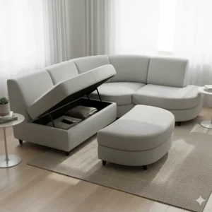 Compact curved sectional sofa with a matching storage ottoman, a great solution for maximizing functionality in a small space.
