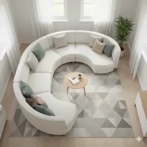 Top-down perspective highlighting how a curved sectional maximizes seating area while saving floor space in a small room.