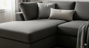 Comfortable, deep chaise lounge on the dark gray sectional sofa, perfect for relaxing.