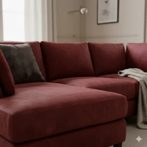 Detailed shot of a luxurious, deep red velvet sectional sofa, showcasing the rich texture and elegant fabric.