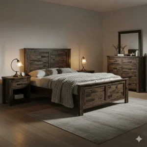 A complete dark-stained rustic wood bedroom furniture set, offering a bold and sophisticated look.