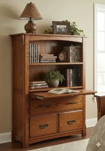 A versatile dark wood **mission style** bookcase or chest, ideal for storing books and decorative items in the bedroom.